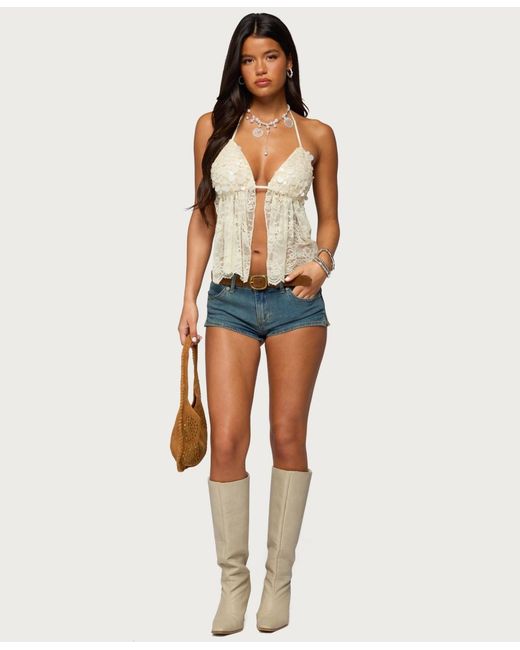 Edikted Natural Sequin Lace Split Front Backless Top
