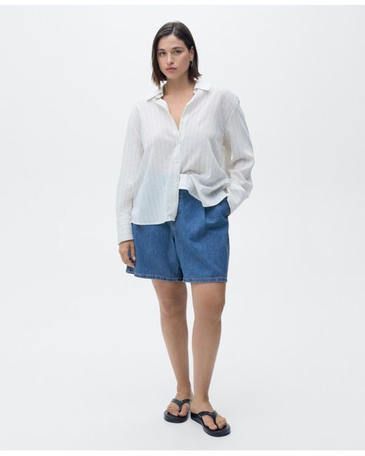 Mango Blue Pleated Denim Bermuda Shorts