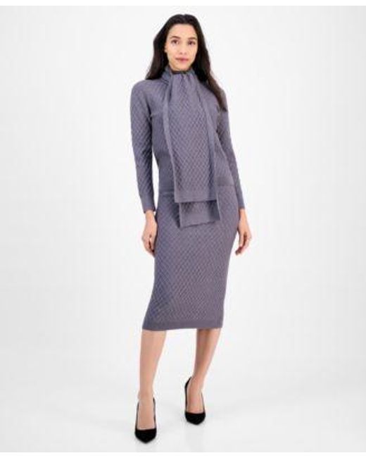 Anne Klein Purple Cable Knit Long Sleeve Scarf Sweater Pull On Cable Stitch Midi Skirt