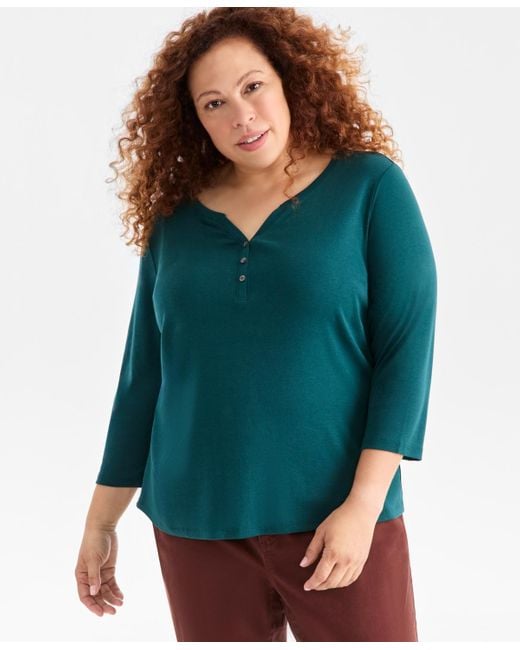 Style & Co. Green Plus Size 3/4-sleeve Cotton Henley Top