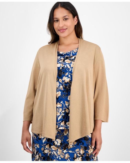 Kasper Natural Plus Size 3/4-sleeve Open-front Cardigan