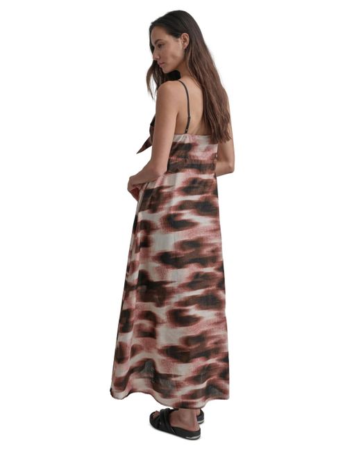 DKNY Brown Cotton Voile Printed Sleeveless Tie Dress