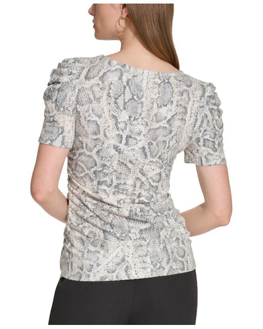 DKNY Gray Petite Snakeskin-print Ruched-sleeve Top