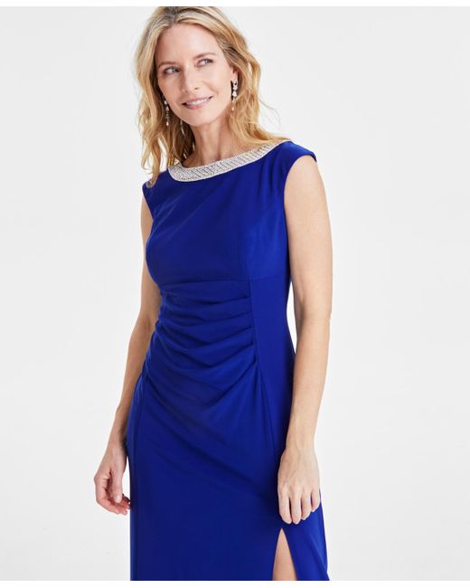 Alex Evenings Blue Petite Embellished Collar Jersey Formal Dress