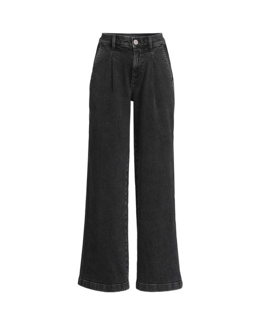 Lands' End Black High Rise Soft Denim Pleated Wide Leg Trousers