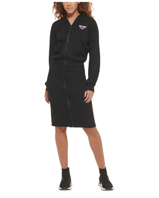 DKNY Black Performance Zip-front Logo-graphic Hoodie Dress