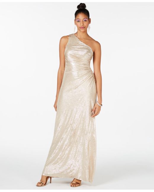 Calvin Klein White One-shoulder Metallic Gown