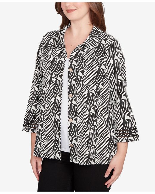 Ruby Rd Black Petite Zebra Collared Knit Swing Jacket