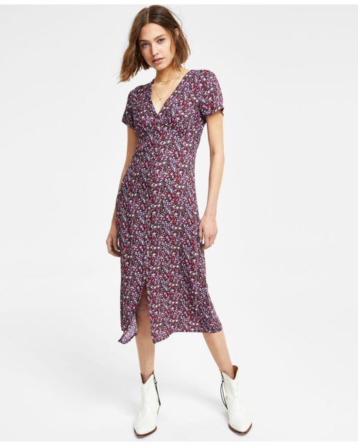 Lucky Brand Purple Floral Button-front Midi Dress