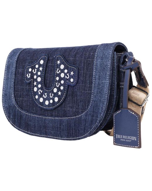 True Religion Blue Studded Horseshoe Denim Flap Bag
