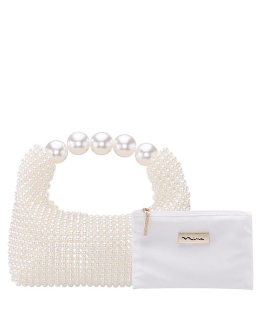 Nina White Large Beaded Handle Hobo Bag