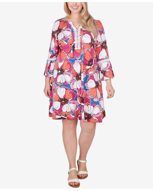 Ruby Rd Red Plus Size Floral Puff Print Dress