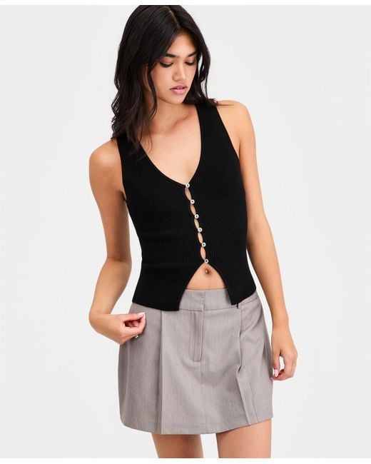 BarIII Black Ribbed Button-front Top