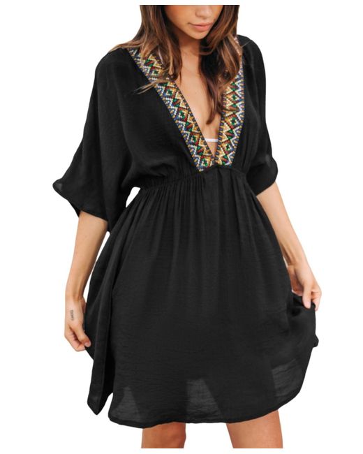 CUPSHE Black V-neck Embroidered Cover-up Dress