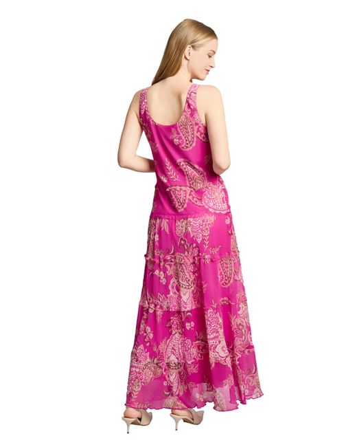 Jones New York Pink Printed Sleeveless Tiered Chiffon Dress
