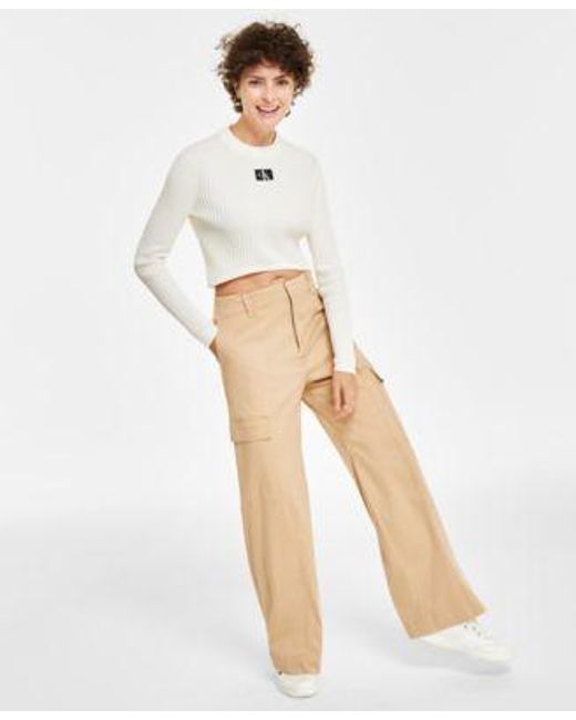 Calvin Klein White Logo Cropped Top Super High Waist Wide Leg Cargo Pants