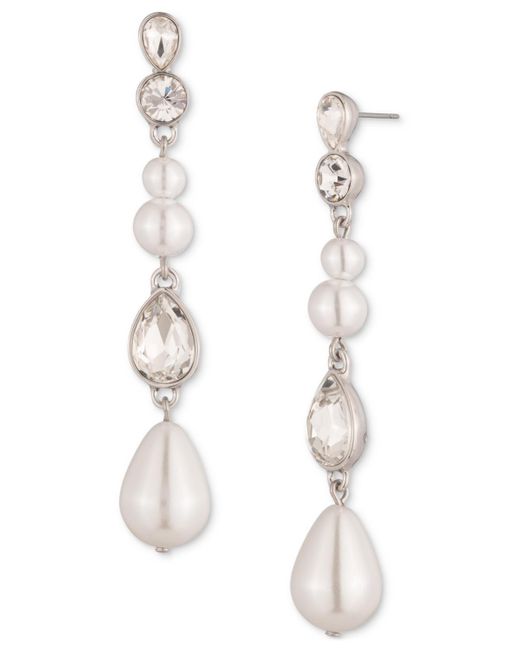 Givenchy White Tone Crystal & Imitation Pearl Linear Drop Earrings