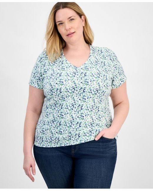 Style & Co. Blue Plus Size Printed V-neck Tee