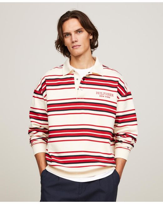 Tommy Hilfiger Red Monotype Logo Striped Long Sleeve Rugby Shirt for men