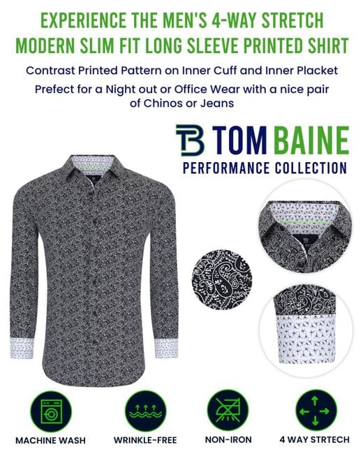 Tom Baine Black Slim Fit Performance Solid Button Down Shirt for men