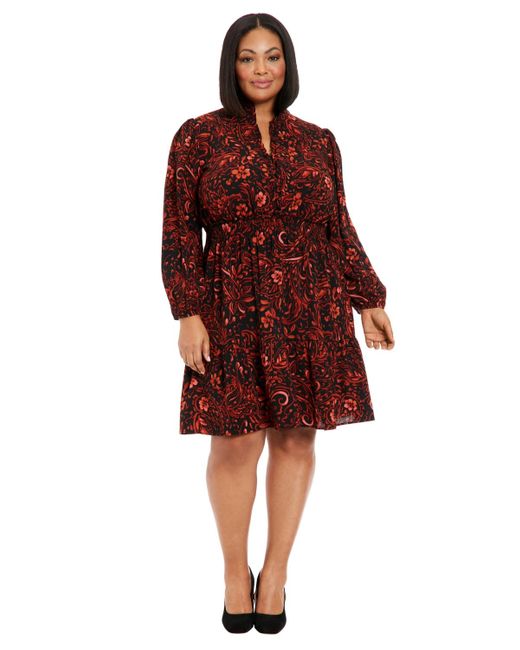 London Times Red Plus Size Long-sleeve Printed Chiffon Dress