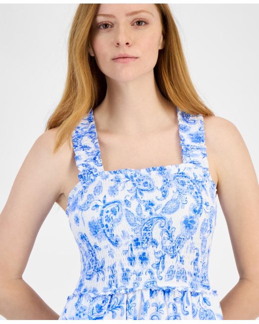 Tommy Hilfiger Blue Cotton Paisley-print Smocked-back Midi Dress
