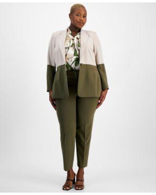 Tahari Green Plus Size Colorblocked Boyfriend Blazer Tie Neck Top Pants
