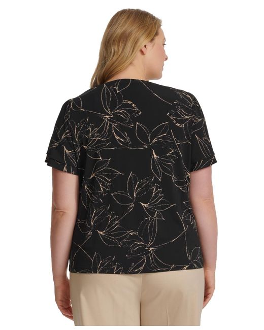 Calvin Klein Black Plus Size Printed Flutter-sleeve Blouse