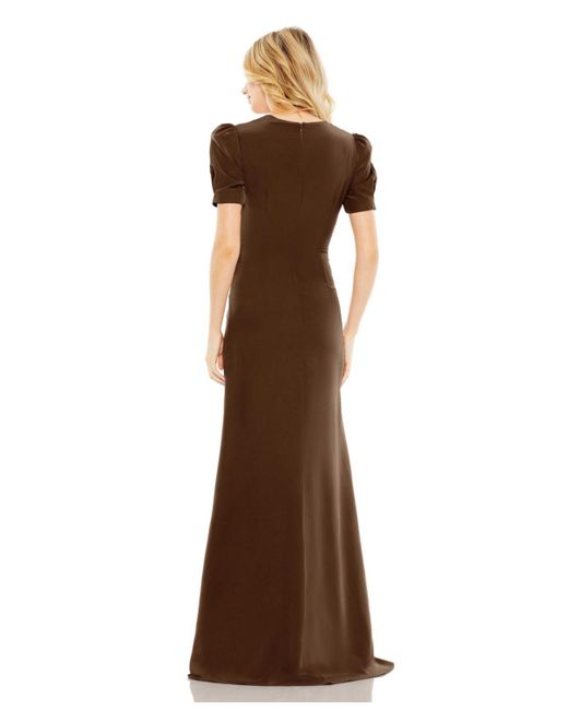 Mac Duggal Brown Ieena Plunge Neck Puff Sleeve Cut Out Gown