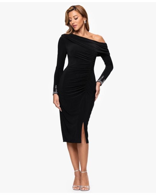 Betsy & Adam Women's Black Midi Off-the-shoulder Dress