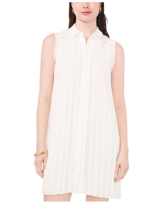 Cece White Pleated Scallop-trim Button-up Dress