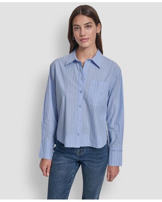 DKNY Blue Cropped Long Sleeve Button Front Shirt