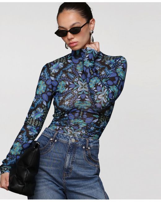 Avec Les Filles Blue Printed Mesh Mock Neck Ruched Top
