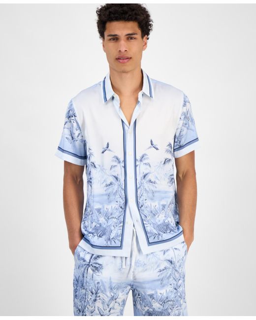 Guess White Short Sleeve Button Front Jungle Scenery Shirt for men