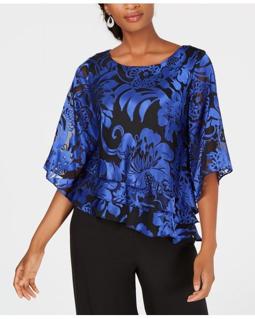 Alex Evenings Blue Printed Tiered Blouse