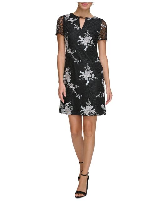 Kensie Black Short-sleeve Embroidered-lace Sheath Dress
