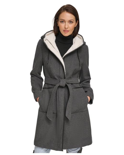 DKNY Gray Faux-fur Hooded Wool Blend Belted Coat