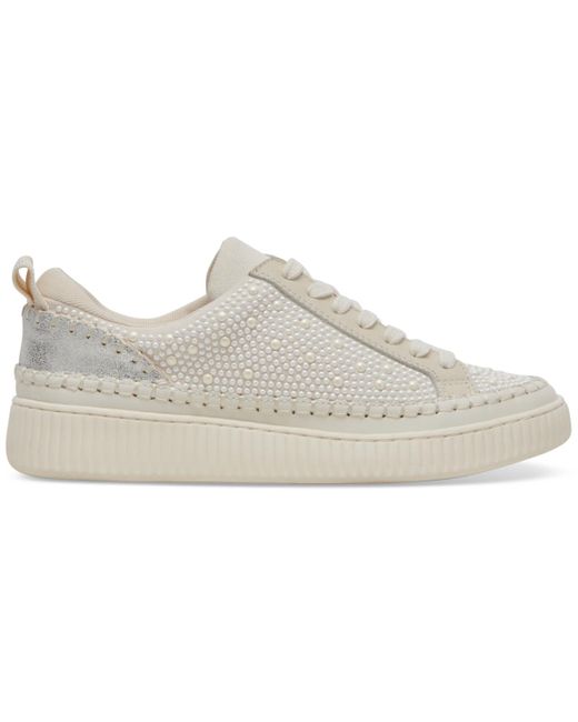 Dolce Vita White Nicona Linen Embellished Lace-up Platform Sneakers