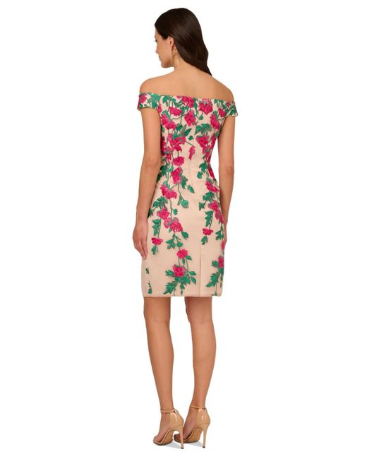 Adrianna Papell Red Cascading Florals Off-the-shoulder Dress