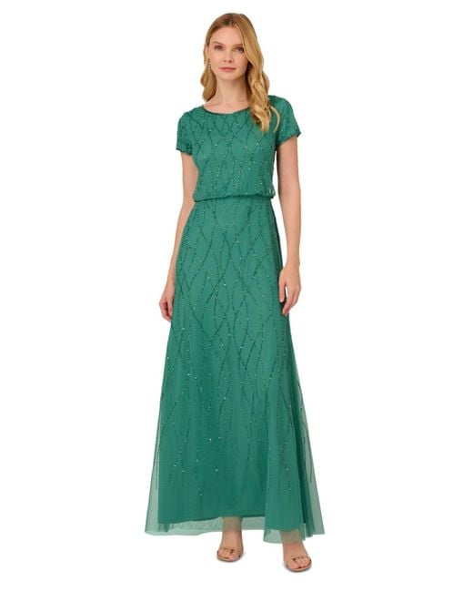 Adrianna Papell Green Short Sleeve Embellished Overlay Gown