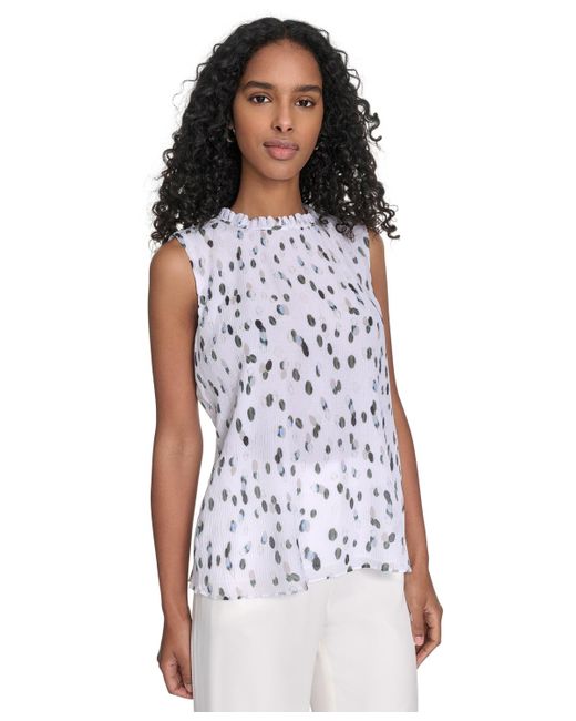 Calvin Klein White Printed Ruffled-neck Sleeveless Blouse