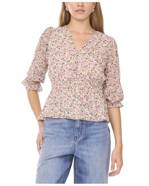 1.STATE Red Smocked Waist 3/4-sleeve Button Down Blouse