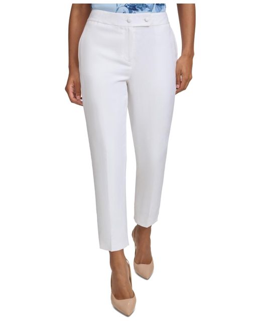 Calvin Klein White Petite Linen-blend High Rise Straight-leg Ankle Pants