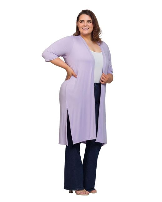 24seven Comfort Apparel Purple Plus Size Knee Length Duster Cardigan Sweater