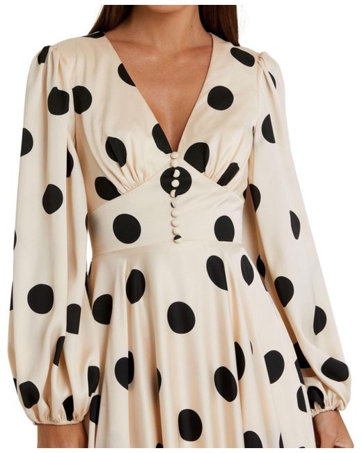 Mac Duggal White Polka Dot Charmeuse Long Sleeve V Neck Midi Dress