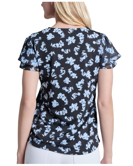 Jones New York Blue Petite Printed Flutter-sleeve Blouse