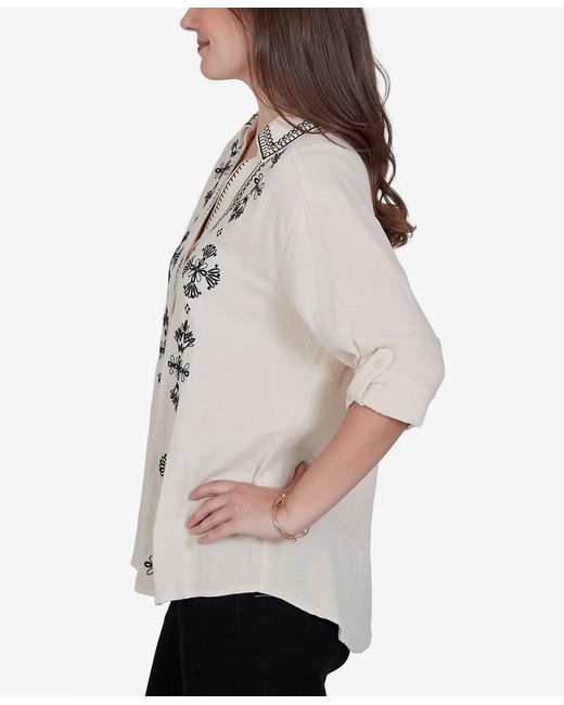 Ruby Rd Gray Petite Embroidered Gauze Button-front Top