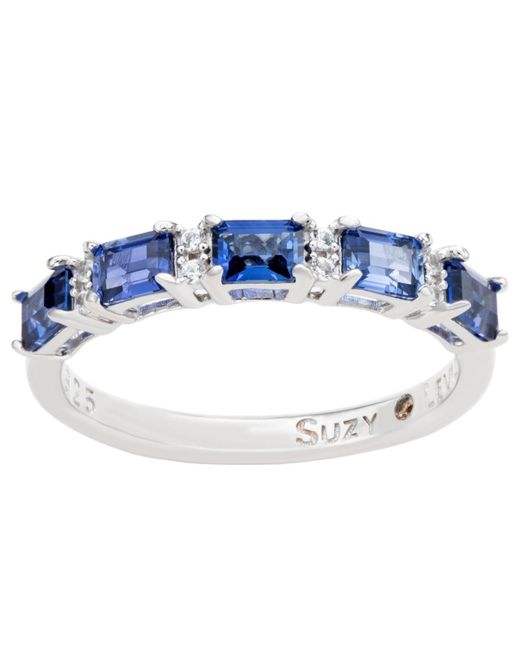 SUZY LEVIAN NEW YORK Blue Suzy Levian Sterling Silver Sapphire & Created White Sapphire 5 Stone Emerald Cut Thin Half Band Ring