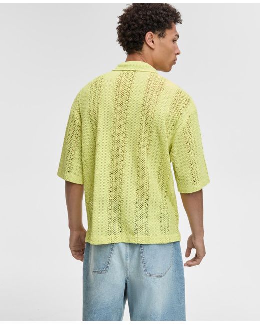Mode Of One Green Relaxed-fit Textured Crochet Button-down Camp Shirt for men