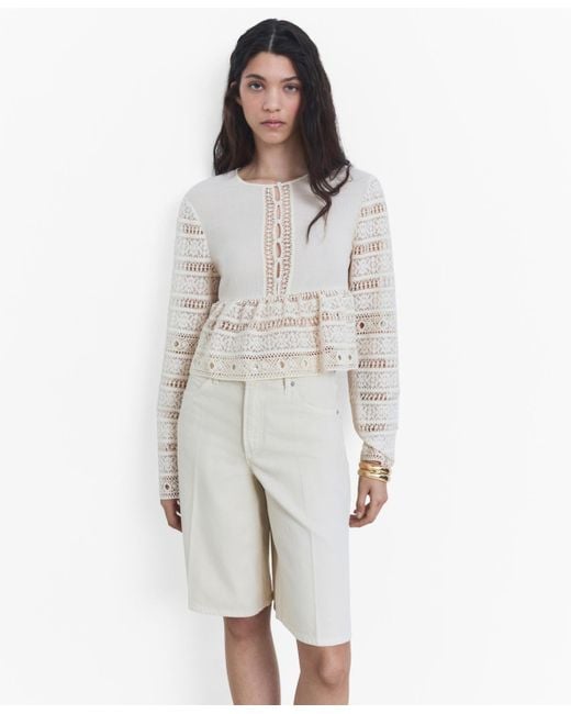 Mango White Openwork Details Embroidered Cotton Blouse